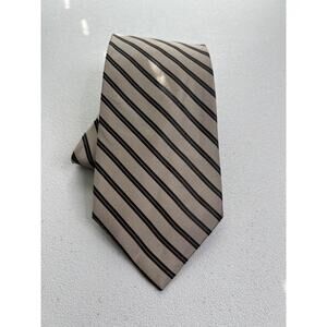 Perry Ellis Portfolio Tan, Black Striped Pattern 100% Silk Tie NWOT